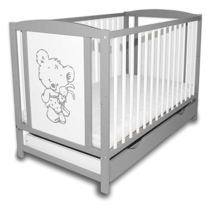 Łóżeczko dziecięce Bajka szara + szuflada + barierka + materac kokos