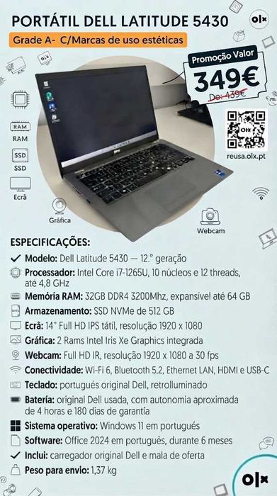 "Vendidos!  Dell Latitude 5430 A- | 12.ª Gen | 14" IPS Touch | i7-1265U-4.8G | 32GB | NVMe 512GB | Mala | W11