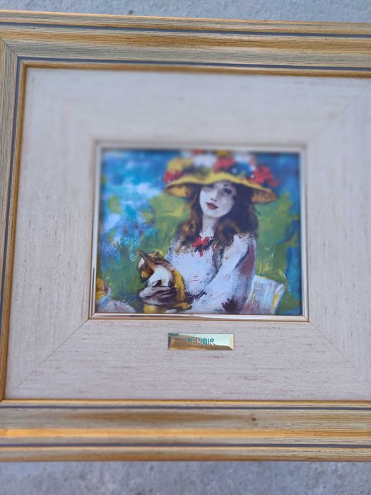 Cj. 4 quadros. Reprodução em esmalte, moldura de madeira