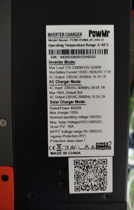 Гібридний інвертор PowMr 4.2kW-24V / 2.3kW-12V MPPT 100A