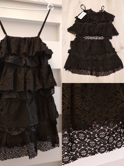 Sukienka falbanki koronka ażur Boho S M małe L czarna ciążą