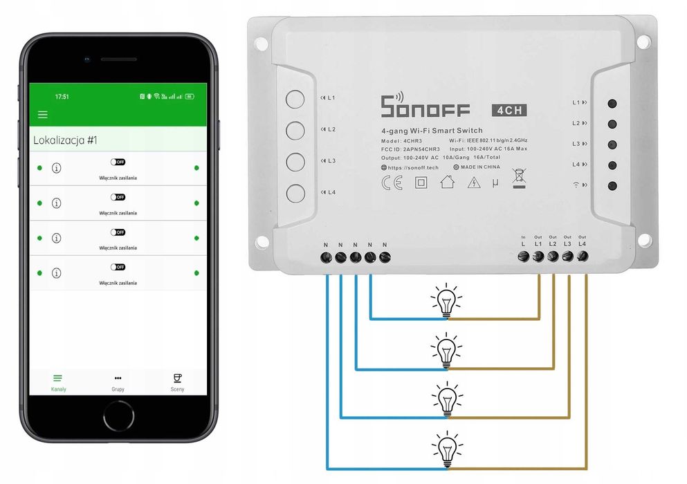 Sonoff 4CH R3 Przełącznik DIN WIFI SUPLA czterokanałowy