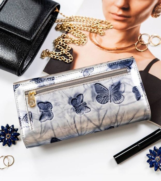 duży, skórzany portfel damski w motylki - peterson