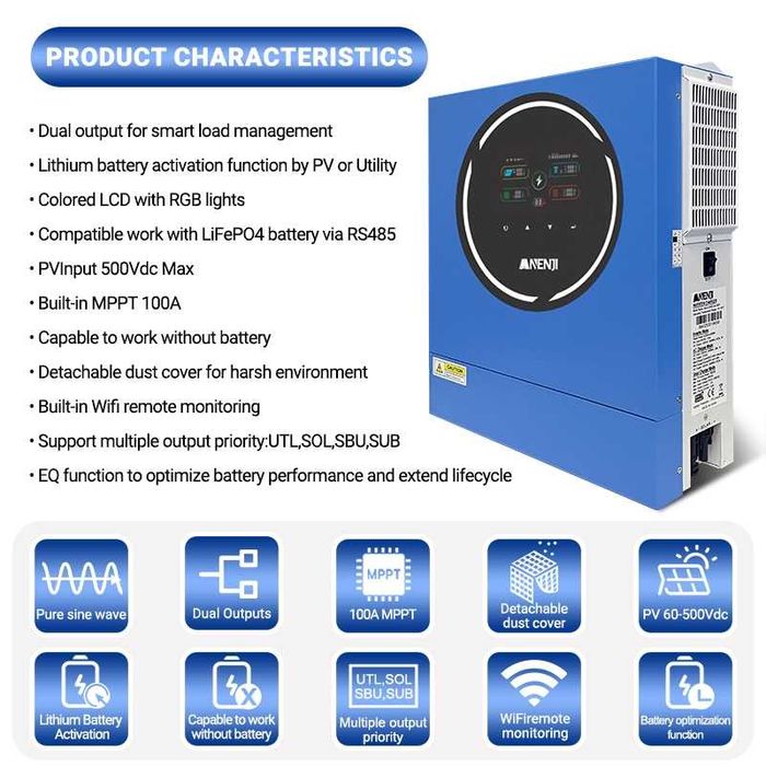 Гібридний інвертор ANENJI 4.2 кВт 4200W 24v з Wi-Fi модель 2026 року