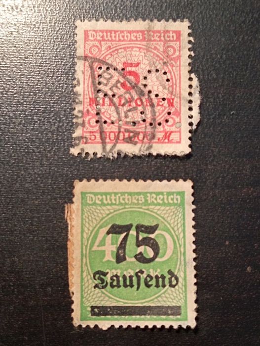 2 selos de inflação 1923  - Era da hiperinflação na Alemanha