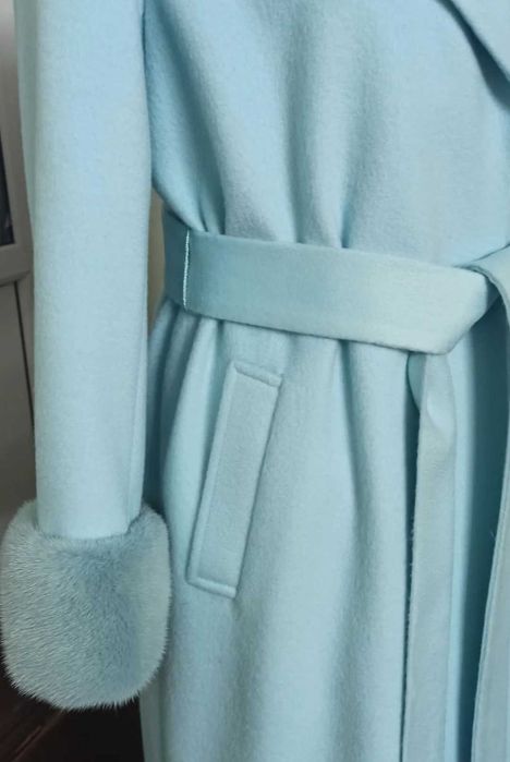 Пальто кашемир шерсть с норкой 46-52 р. Цвет Тиффани