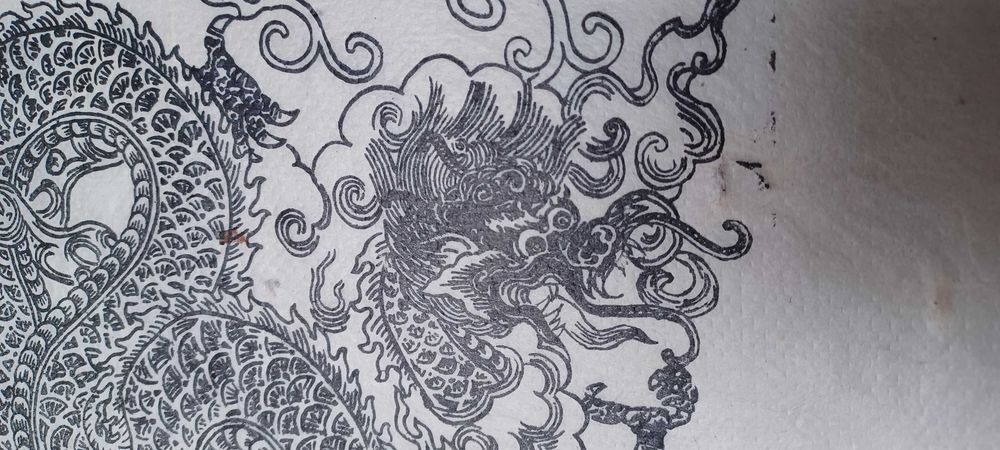 Stary drzeworyt smok tybetański nepal grafika buddyjski
