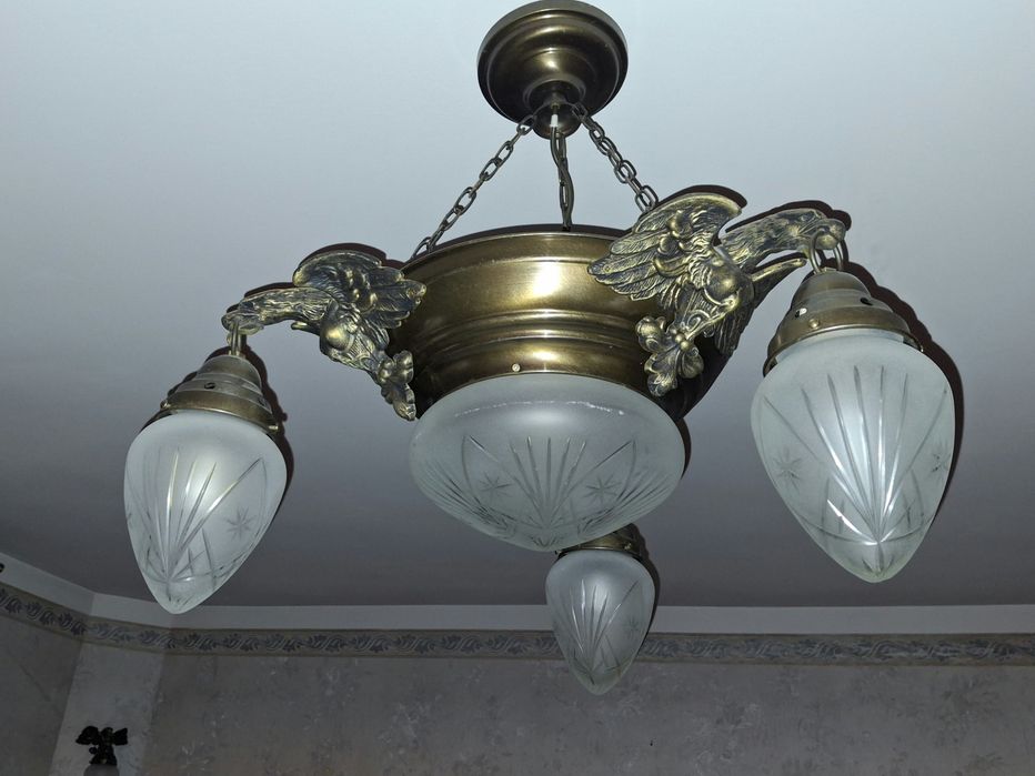Żyrandol mosiężny Orzeł oraz kinkiety, mosiądz, retro, kryształ, lampa