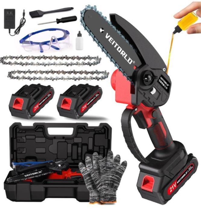 VEITORLD Mini piła łańcuchowa z dwoma akumulatorami i ładowarką