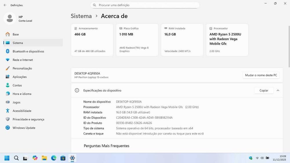 HP 15.6", 16GB RAM, 500GB SSD, Ryzen 5, em excelente estado, W11 PRO