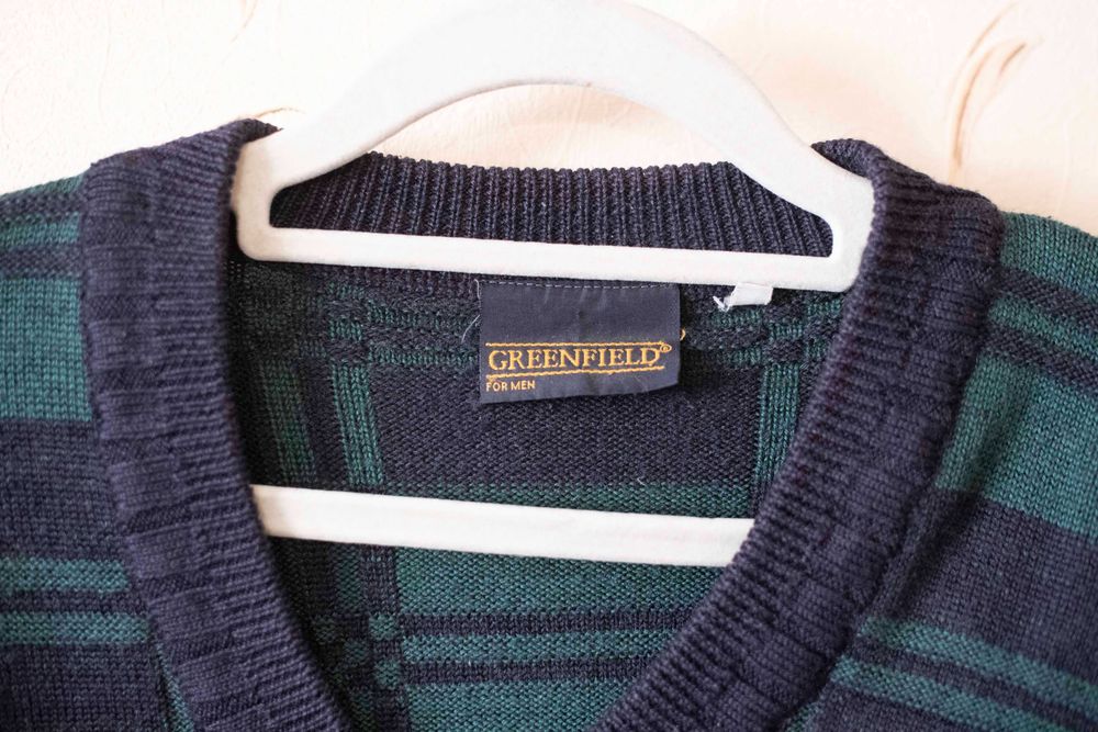 Sweter męski Greenfield w serek V-neck zielony granatowy vintage kratk