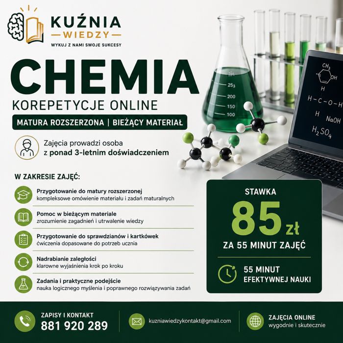 Korepetycje z chemii! Kartkówki, sprawdziany, matura! Pomożemy Ci osiągńąć sukces!