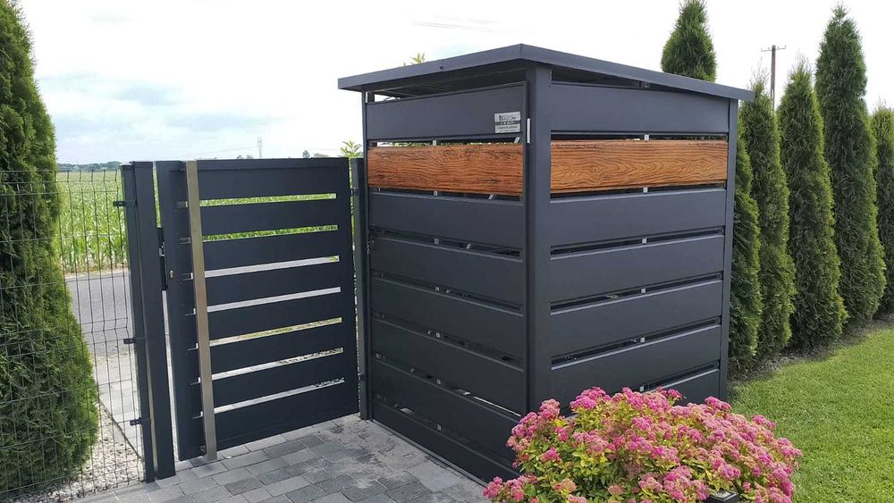 Wiata śmietnikowa panele zabudowa śmietników 1,6x1,6m złoty dąb grafit