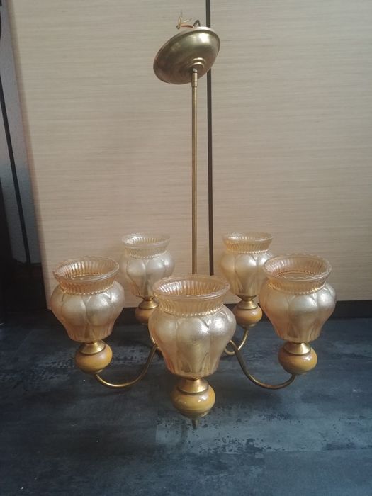 Żyrandol 5 ramienny PRL , mosiądz