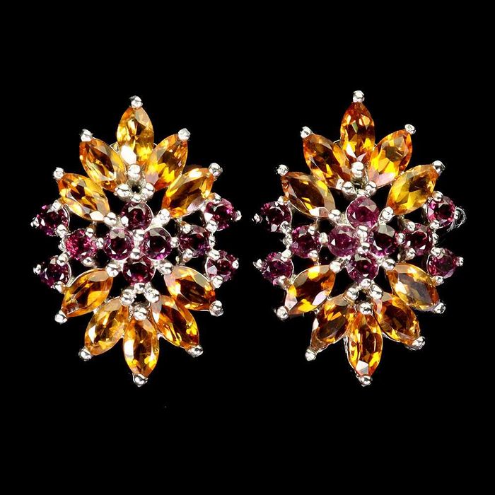 Серьги из серебра 925 пробы с цитрином, родолит гранатом