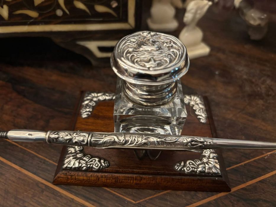 Tinteiro madeira e prata