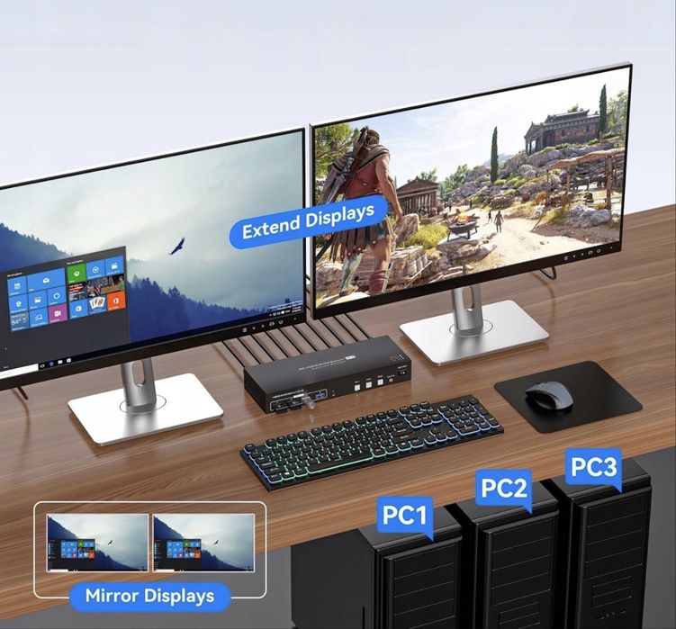 KVM switch 3PC 2 monitory HDMI 4K 60Hz 2K120Hz
