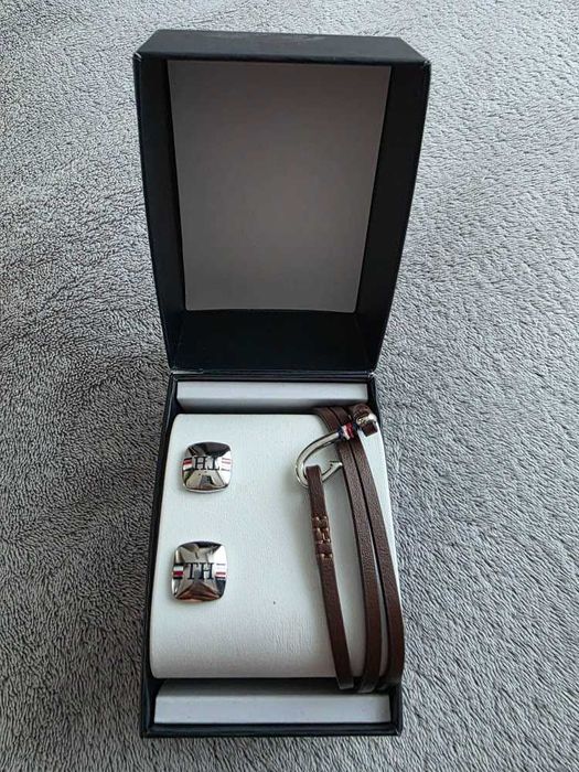 Elegancki Zestaw TOMMY HILFIGER | Skórzana Bransoletka + Spinki TH