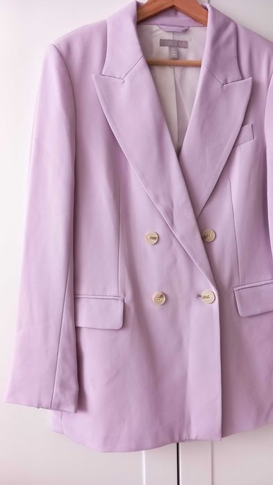 H&M damska marynarka długa dwurzędowa wiosenna fioletowa oversize M