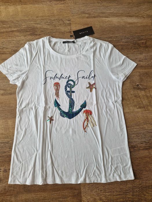 NOWY T-shirt Mohito biały morski kryształki cekiny rozm. M
