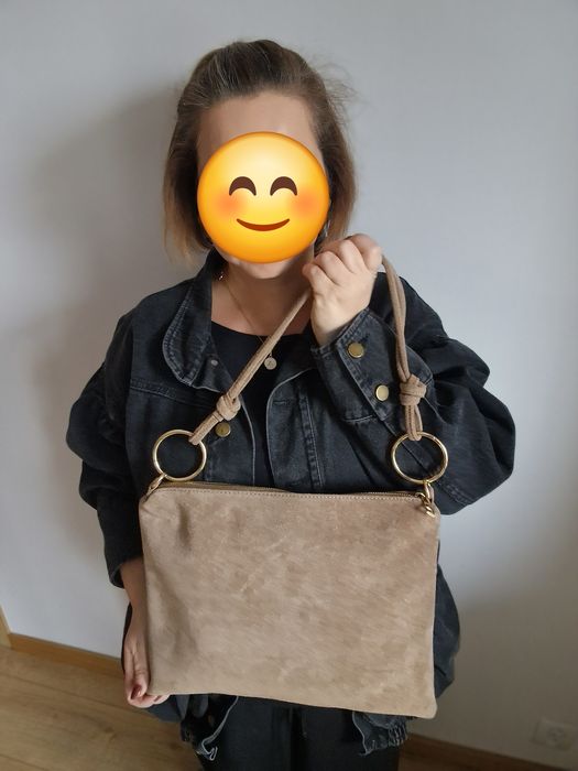 Torebka, listonoszka, skóra naturalna, zamsz, beż