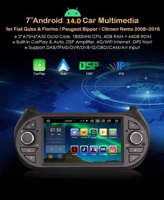 Auto-rádio 2 din Android 14 Peugeot / Honda / Kia / Fiat / Citroen