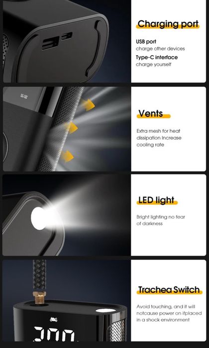 Беспроводной авто компрессор CARSUN Mini + повербанк| Насос для машины