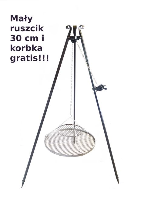 Grill ogniskowy na trójnogu z wiszącym rusztem 70cm i KORBKĄ +4 kije