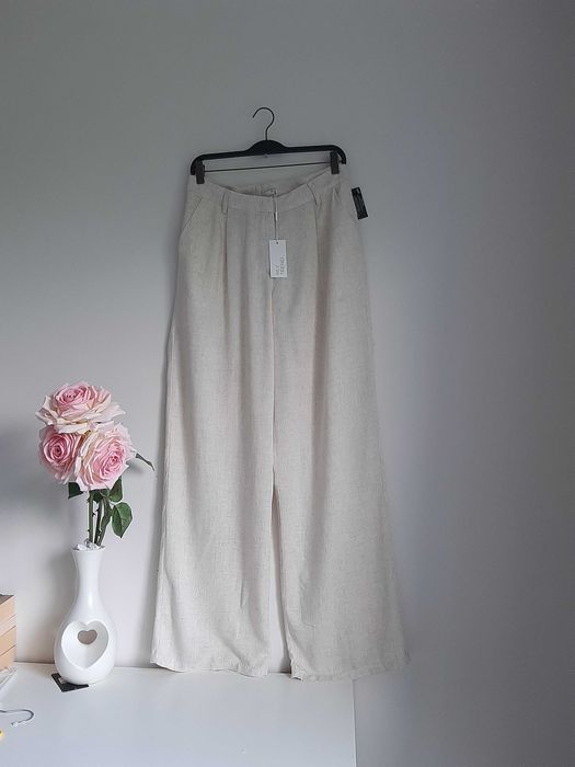 Lniano bawełniane szerokie spodnie L