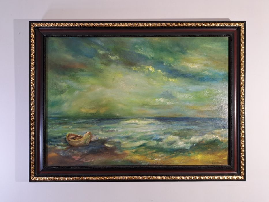Obraz olejny „Łódź na morzu”J.Januszewska,1989r.Galeria Sztuki Gliwice