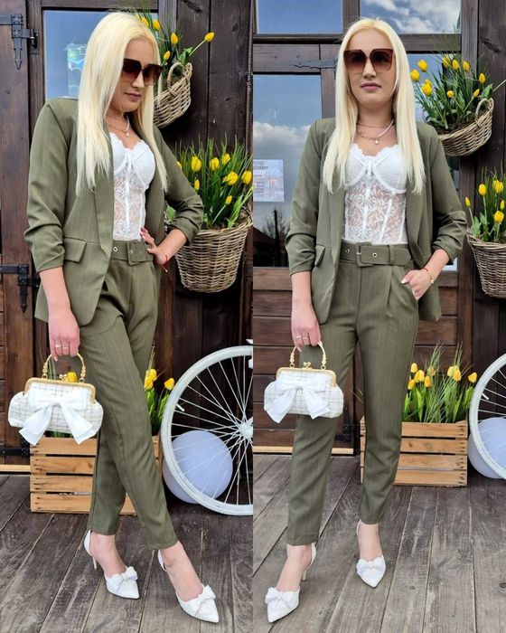 Garnitur damski khaki prążek M