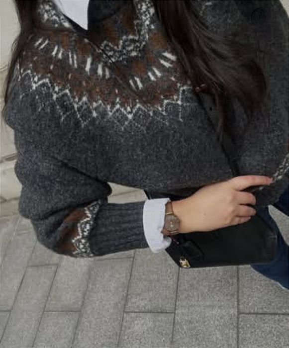 Zara sweter żakardowy grafit s 36 norweski print