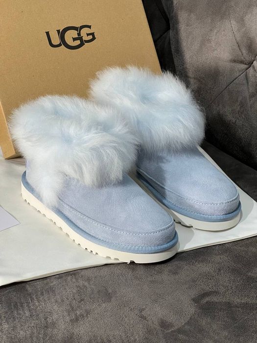 Жіноче Взуття / Зимове Ugg біле хутро блакитний замш
