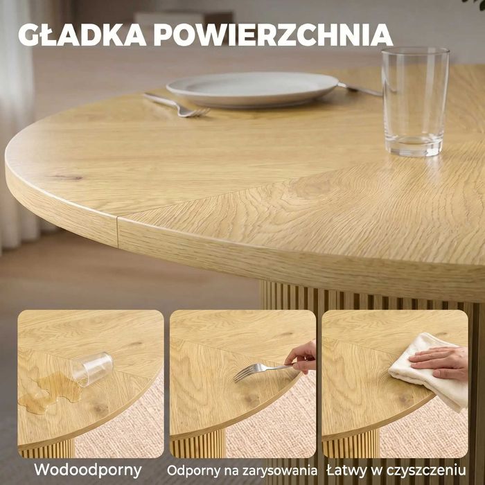 Mesa de Jantar Redonda Moderna para 4-6 Pessoas, Mesa de Cozinha de 110 cm com Base Cilíndrica Canelada, Carvalho