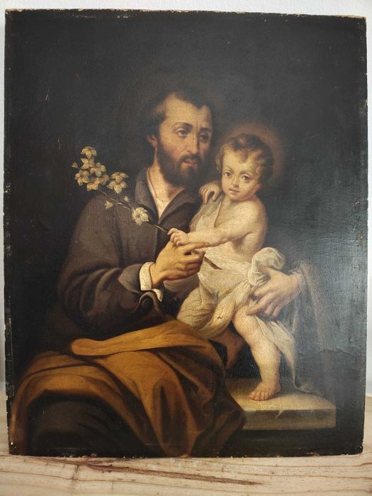 Lindíssima pintura a Óleo com São José e Menino com Magnifica Moldura em Talha Dourada.