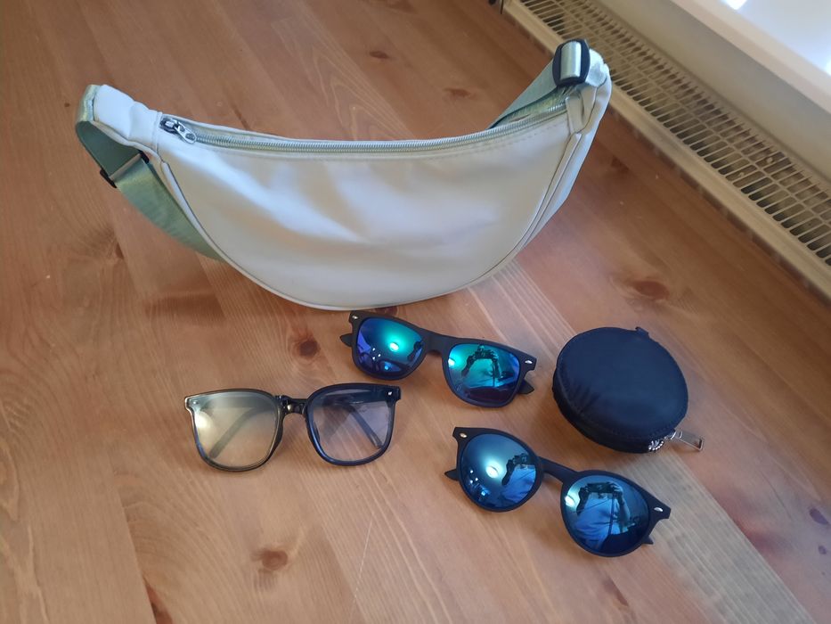 Mała torebka na ramię, okulary przeciwsłoneczne, portmonetka