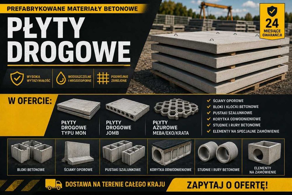 Prefabrykaty betonowe | płyty drogowe MOM JOMB | bloczki | płyty ażurowe | fundamenty | ogrodzenia | elementy na zamówienie | transport cała Polska