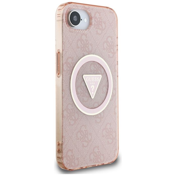 Etui Guess IML Metal Glitter 4G Triangle MagSafe do iPhone 16e różowy