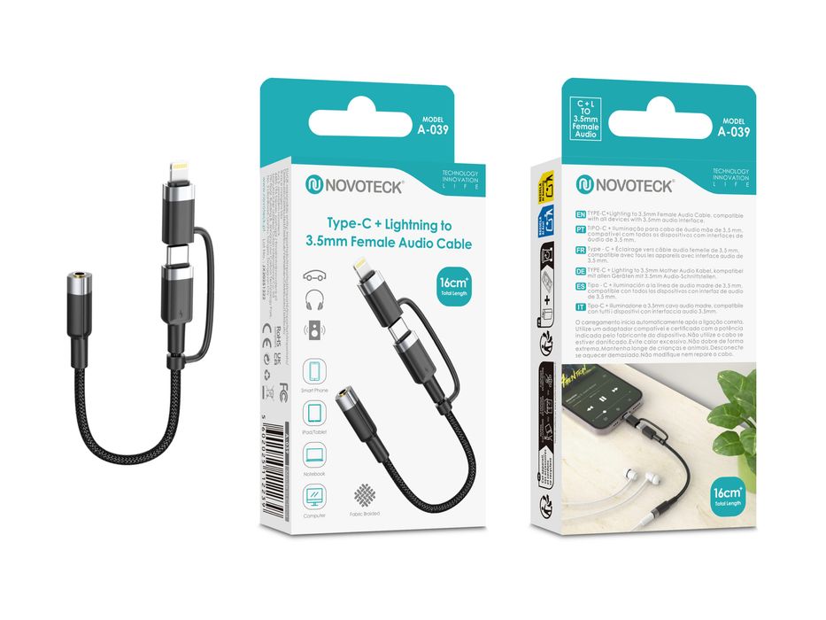 Cabo Adaptador Áudio 2 em 1 NOVOTECK A-039 USB-C + Lightning para Jack