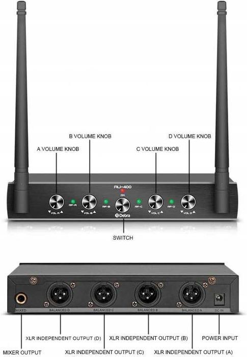 Debra Audio AU400 Pro UHF 4-kanałowy system mikrofonowy bezprzewodowy