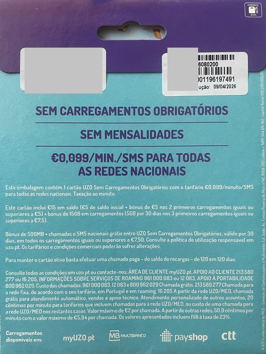 cartões UZO prepago selados, números únicos