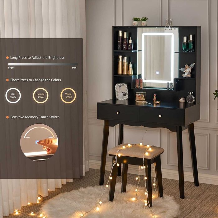Toucador de maquilhagem com espelho LED, gavetas, prateleiras e banco