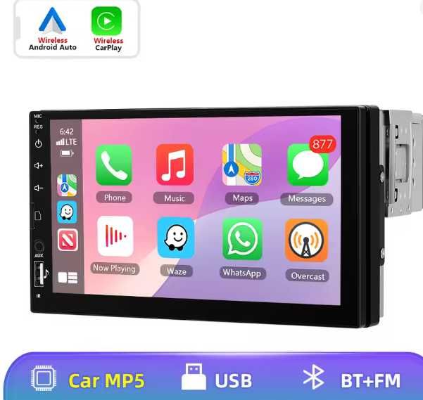 Radio Autorádio 1DIN com Ecrã Tátil de 7" CarPlay Android Auto Bluetooth USB FM MP5 Mirror Link 12V Novo