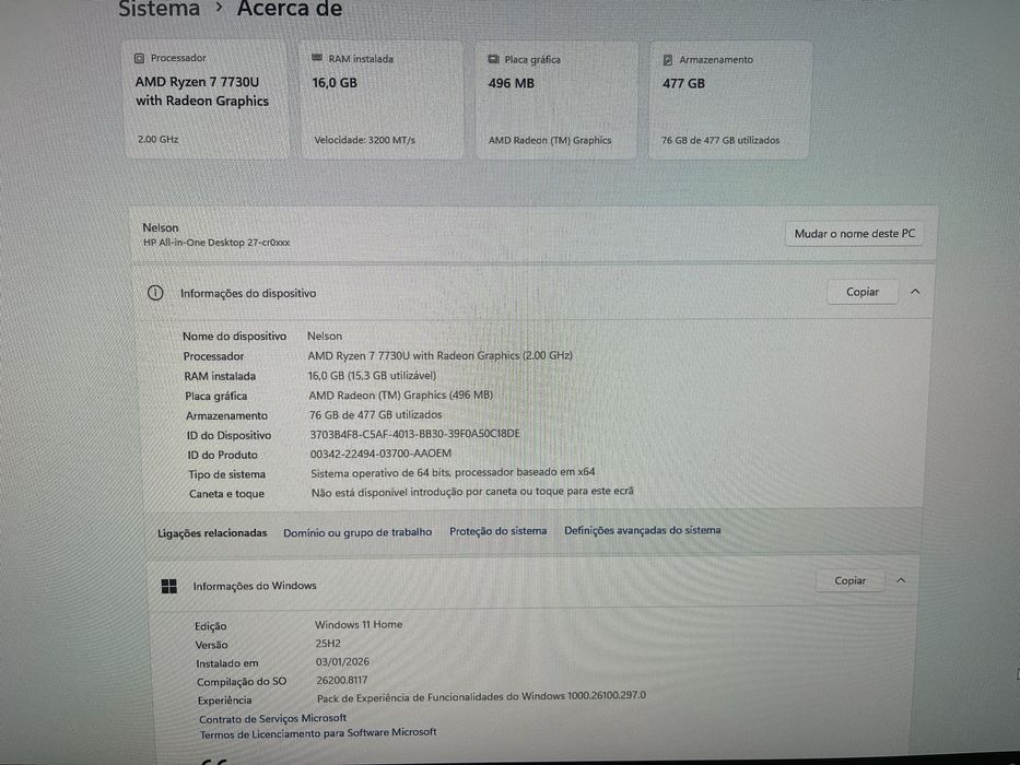 All in One HP 27” CR0000NP