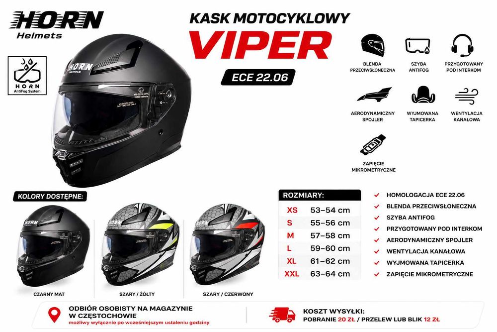 Kask motocyklowy HORN Viper blenda antifog pod interkom ECE 22.06 XS-XXL
