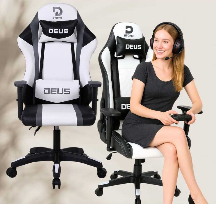 Gamingowy Fotel DEUS Storm White – Regulacja, Wygoda, Styl