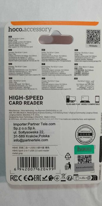 HOCO czytnik kart pamięci USB A 2.0 HB45 szary