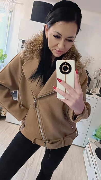 Kurtka biker motocyklowa Wełna H&M Hit L beż camel