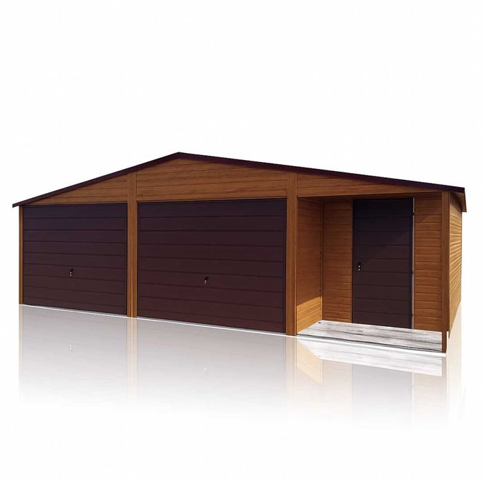 Garaż Blaszany dwuspadowy z wnęką 8x6 złoty dąb + ciemny brąz PREMIUM