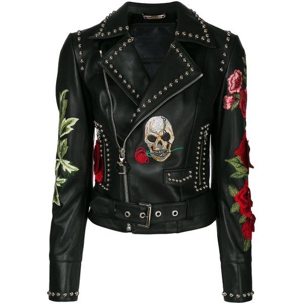 Кожаная куртка с косой молнией и контрастной вышивкой Philipp C.